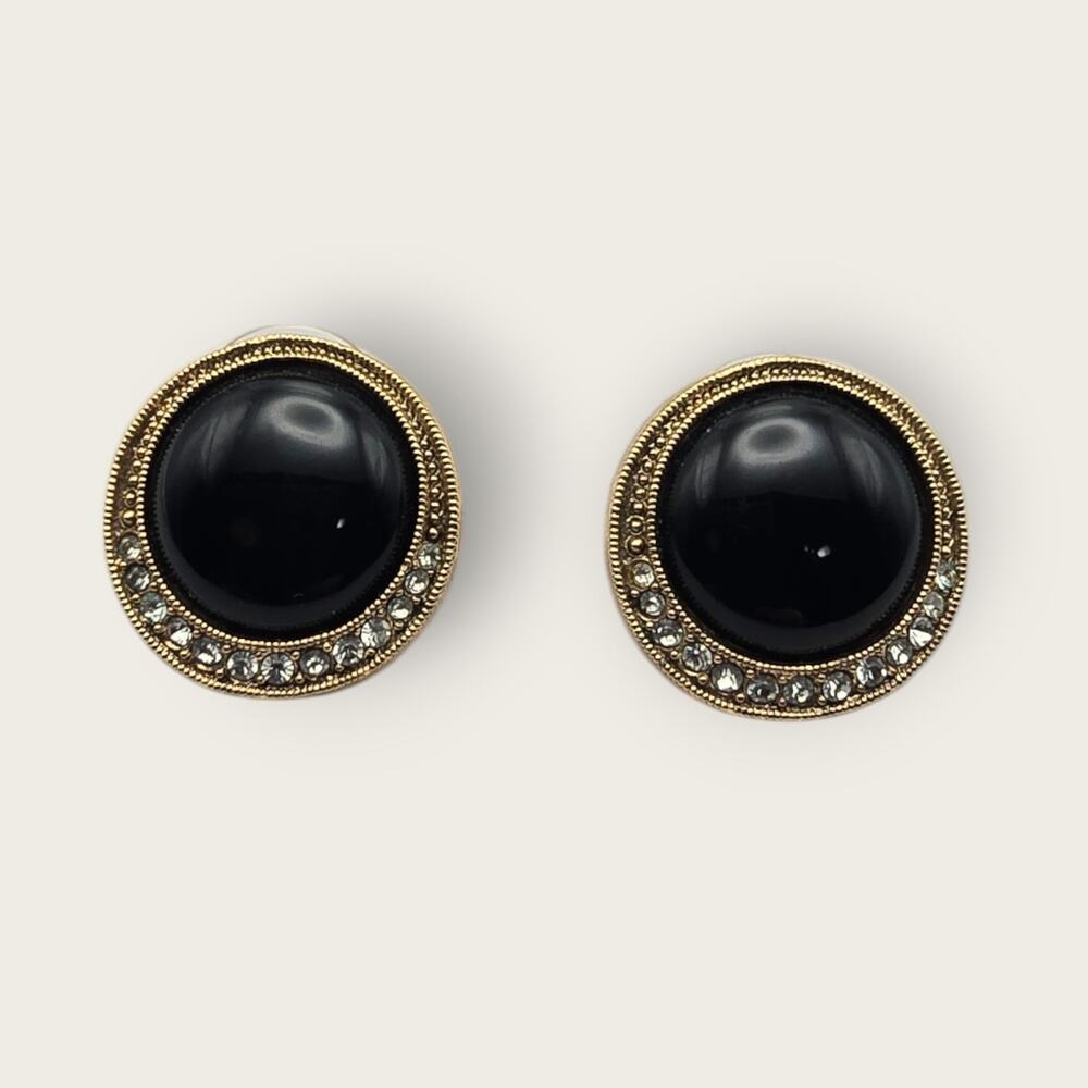 1928 Black Round Cabochon & Rhinestone Stud Post Earrings - Modern Chic